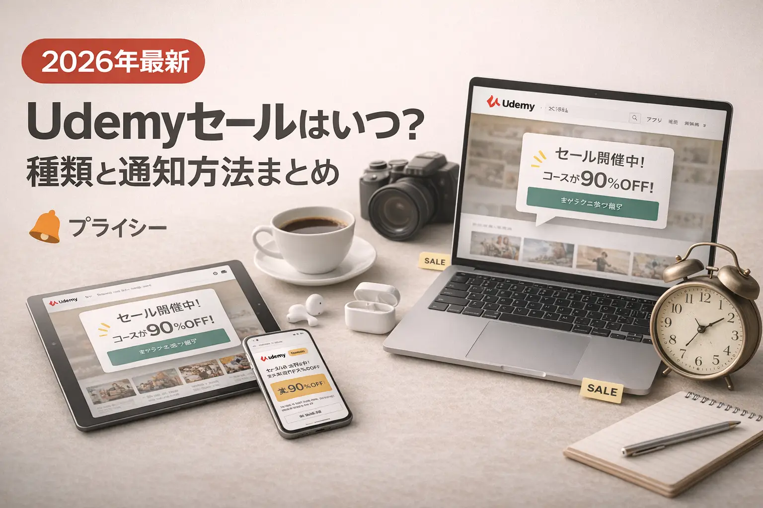 【2026年最新】Udemyセールはいつ？種類と通知方法まとめ｜プライシー